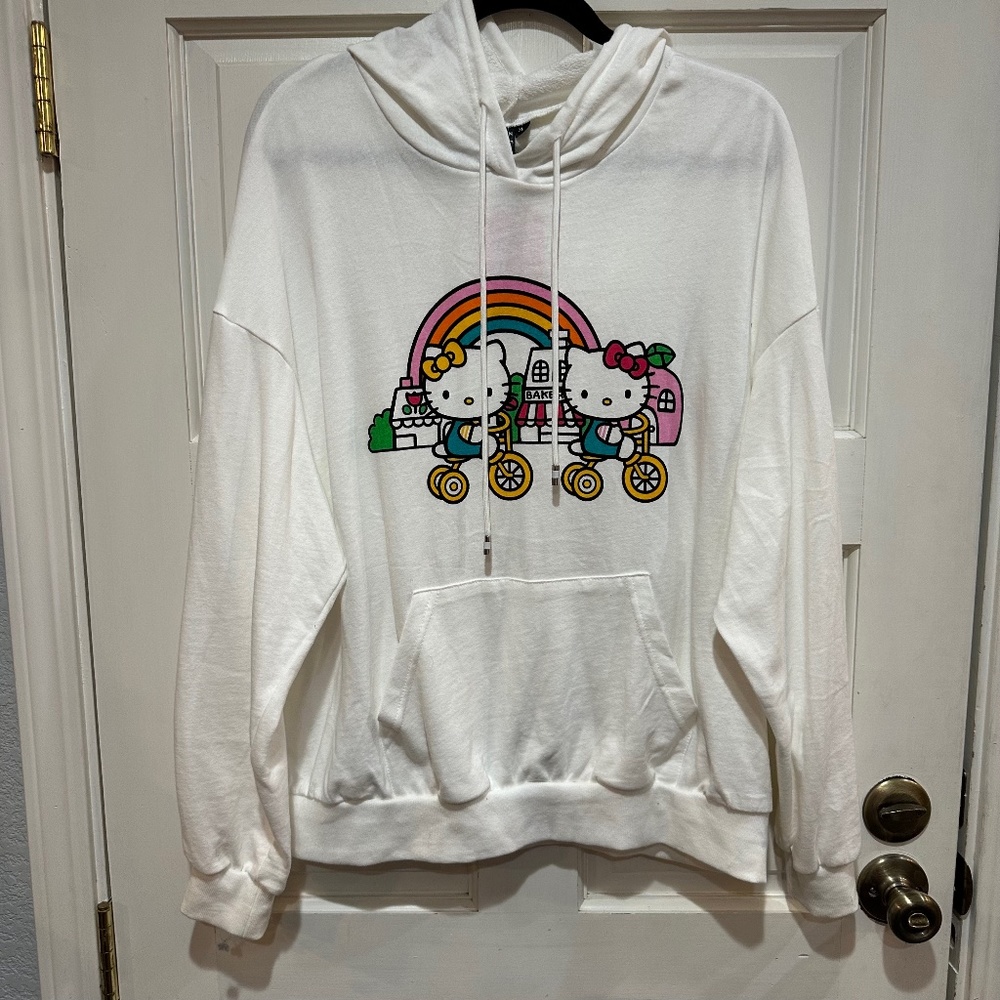 Shein Sanrio Hello Kitty White Hoodie Hooded Graphic Sweatshirt Womens XL New